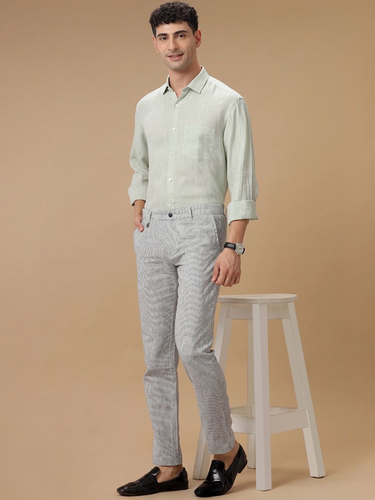 Linen Club Grey Contemporary Fit Striped Trousers