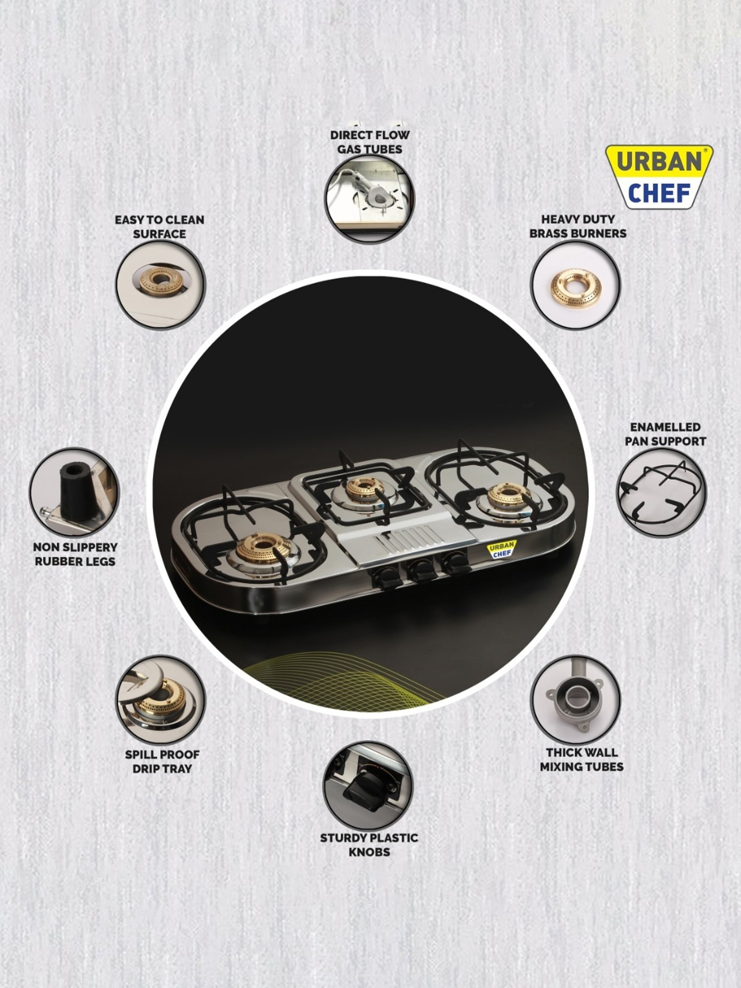 Urban Chef Gas Stove with 3 Burners ( Silver/Black )