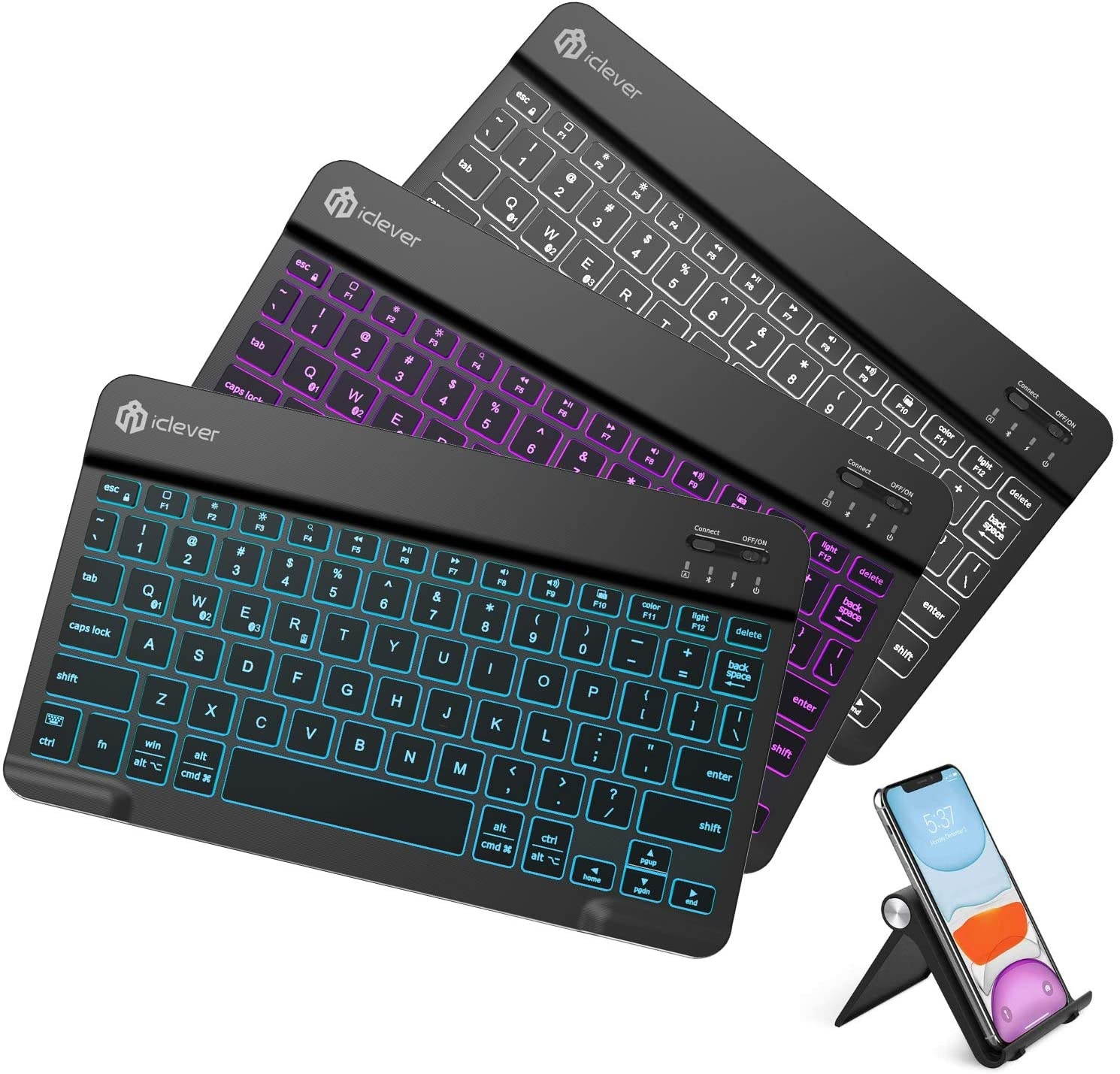 Bluetooth Keyboard iClever BK04 Wireless Keyboard with LED Backlit 7-Colors, Multi-Device Bluetooth Backlit Keyboard, Ultra Slim Quiet Typing Portable Keyboard for Mac iPad iOS Tablets and Laptops