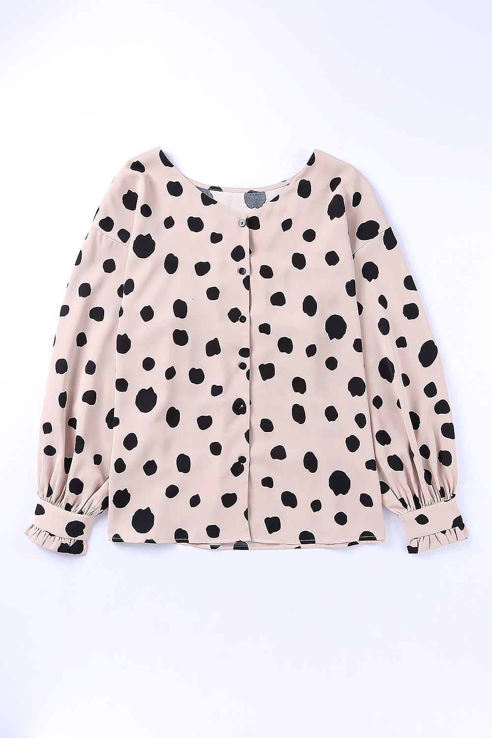 Pink Dot Print Button Frill Cuffs Casual Puff Sleeve Blouse