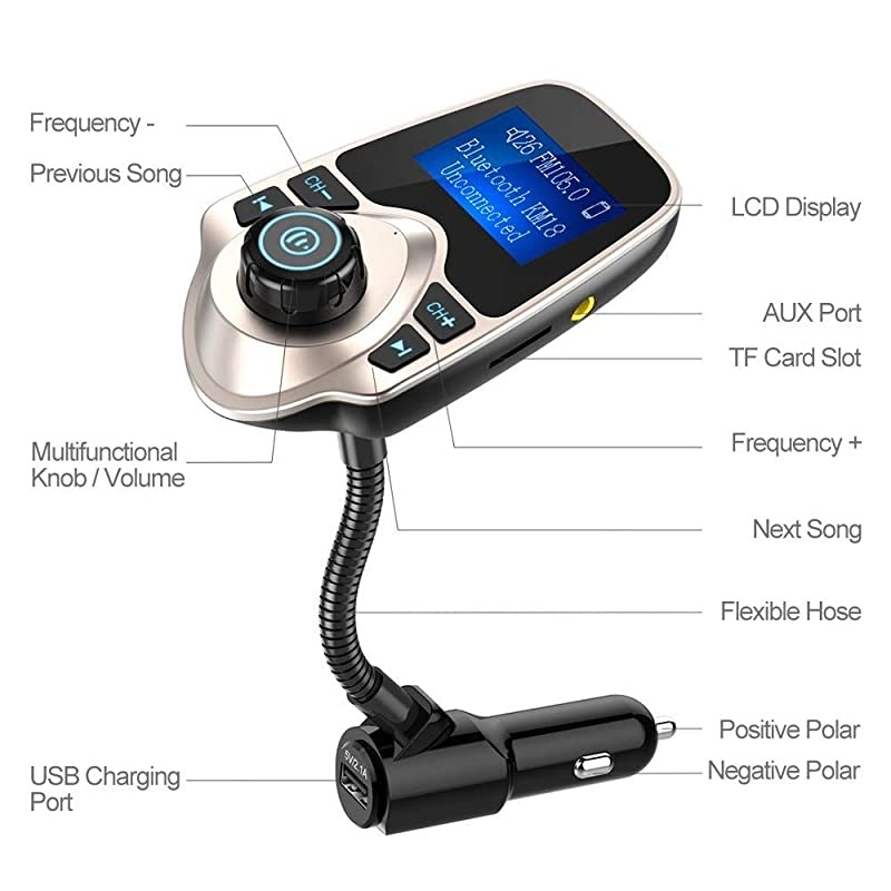 Bluetooth Car FM Transmitter Audio Adapter Receiver Wireless Handsfree Voltmeter Car Kit TF Card AUX 144 Display KM18 Golden