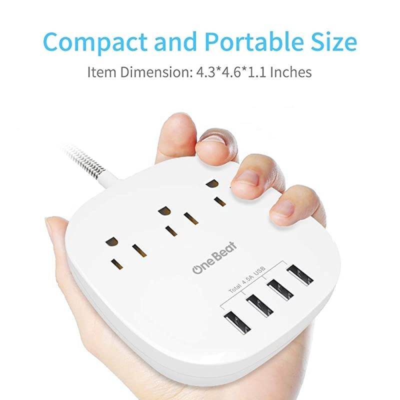 Strip 2 Pack, Desktop Charging Station with 3 Outlet 4 USB Ports 4.5A, Flat Plug, 5 ft Long Braided Extension Cord for Cruise Ship Travel Home Office, ETL Listed, White