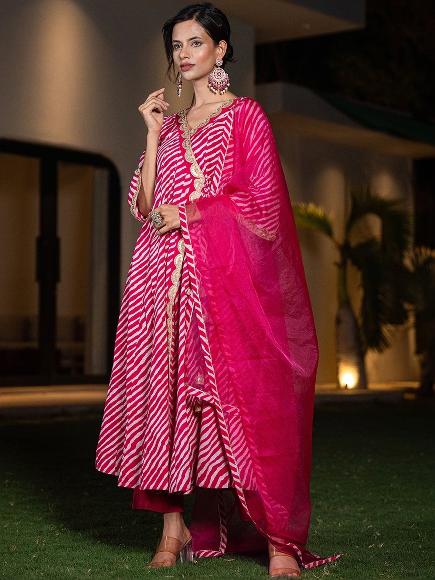 Yufta Hot Pink Cotton Printed Kurta Pant Set With Dupatta