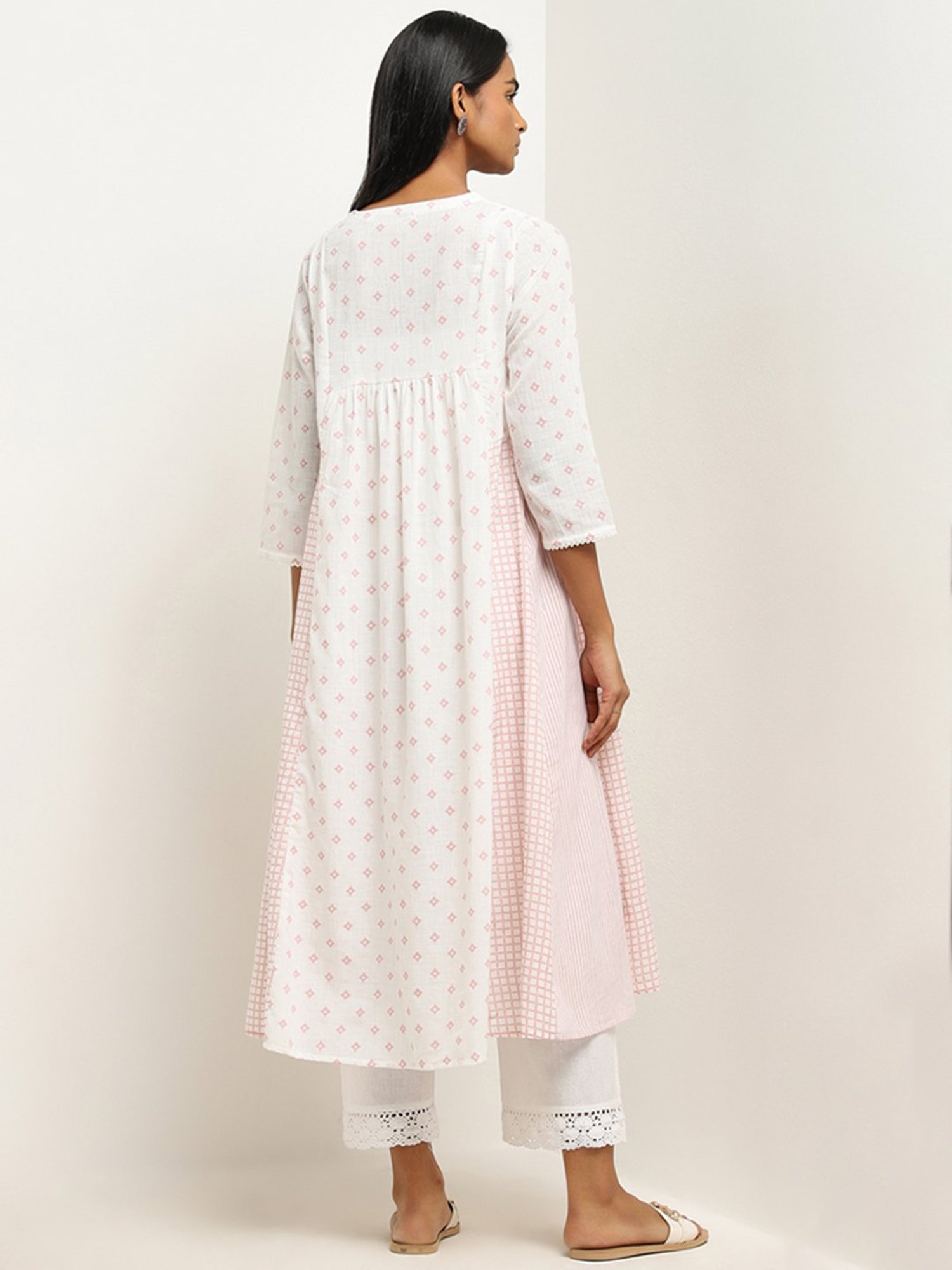 Utsa by Westside Light Pink Printed A-Line Cotton Kurta