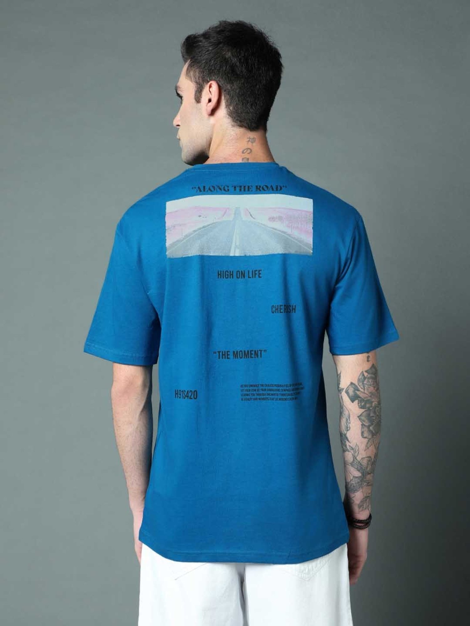 High Star Blue Relaxed Fit Printed Crew T-Shirt