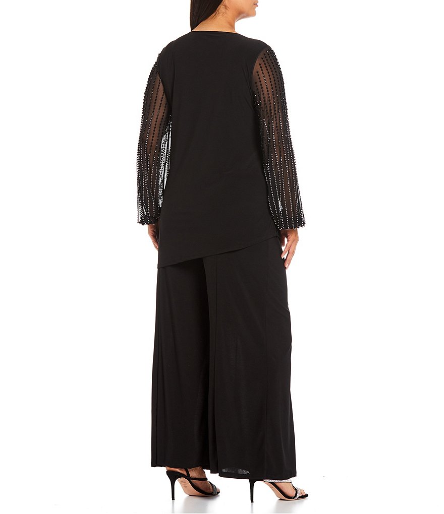 Marina Plus Size Beaded Long Sleeve Jewel Neck 2-Piece Pant Set