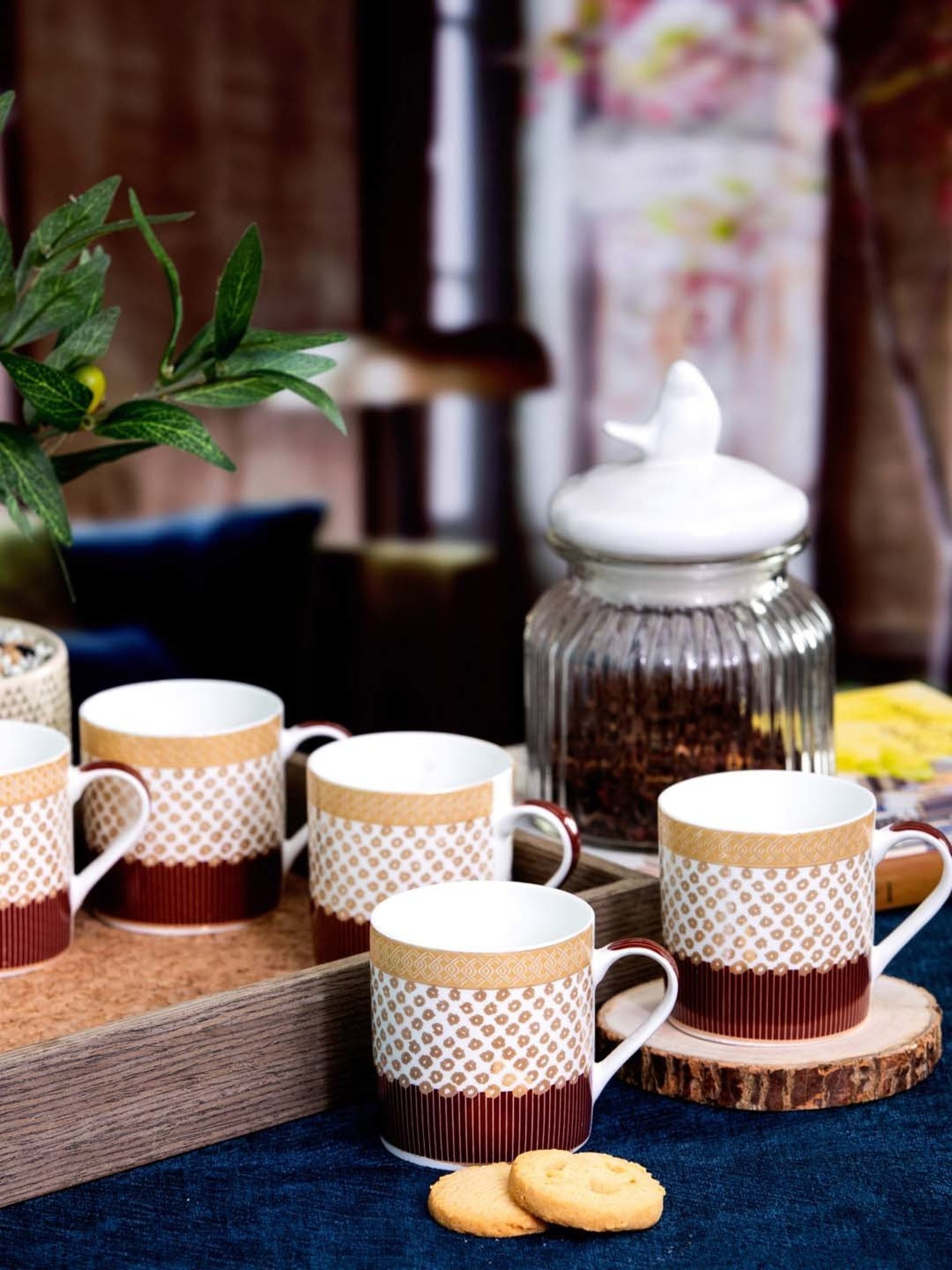 SONAKI White & Brown Bone China Tea Coffee Mugs - Set of 6