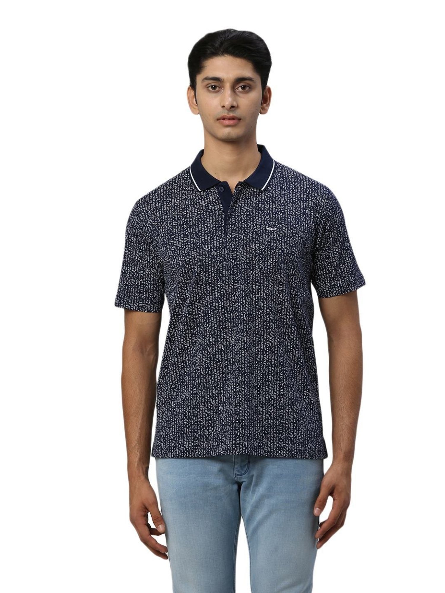 ColorPlus Blue Cotton Comfort Fit Printed Polo T-Shirt