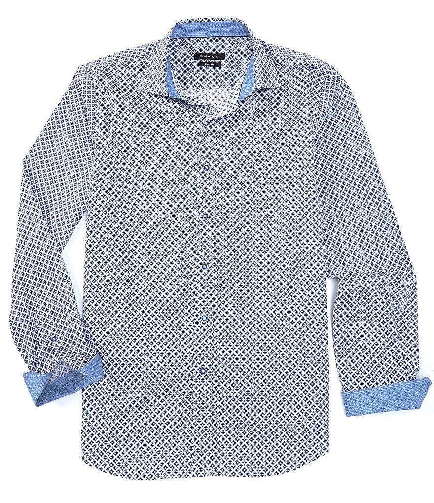 Bugatchi Shaped-Fit Geo Diamond Print Long-Sleeve Woven Shirt