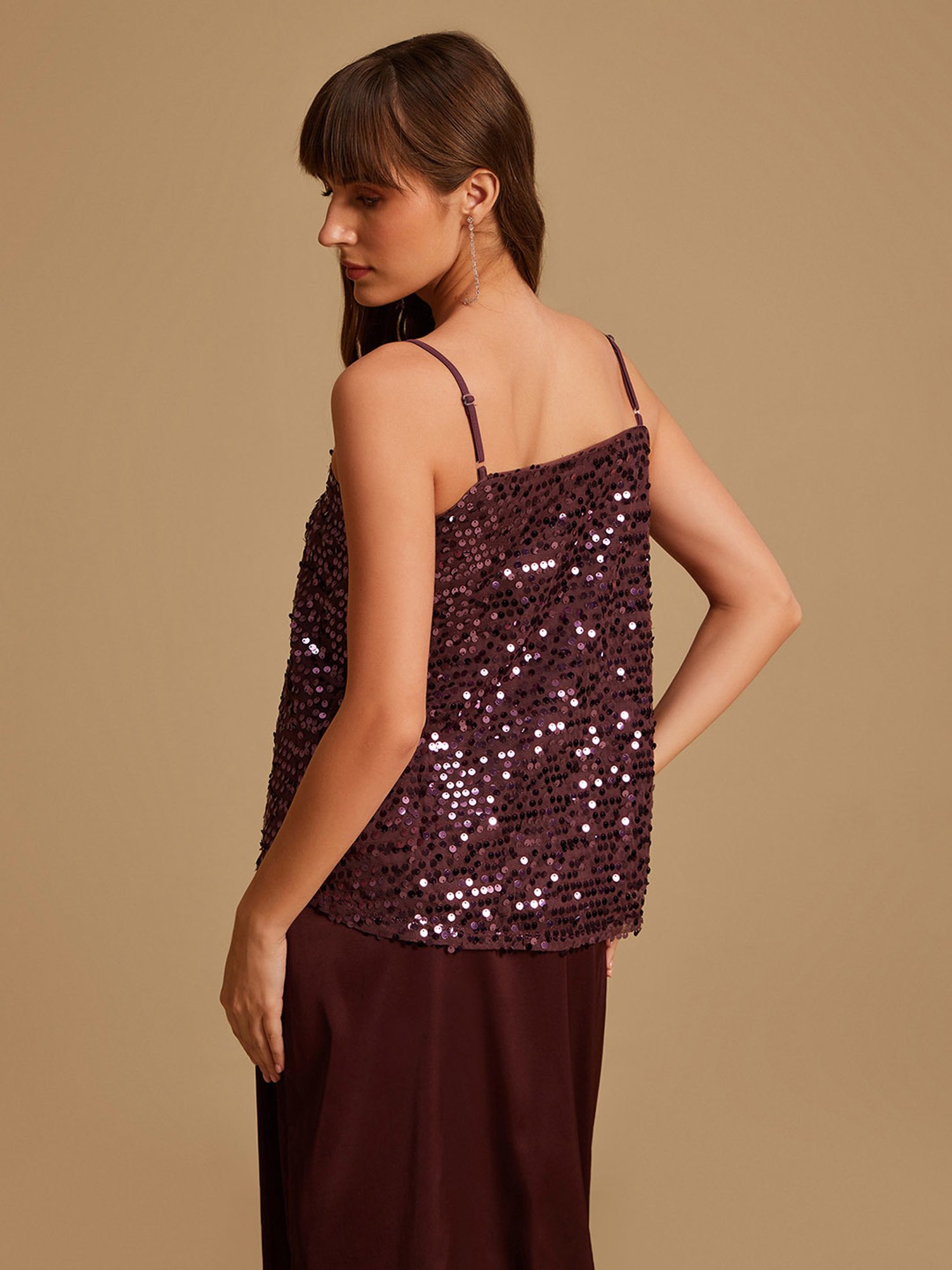 Kazo Maroon Embellished Spaghetti Top