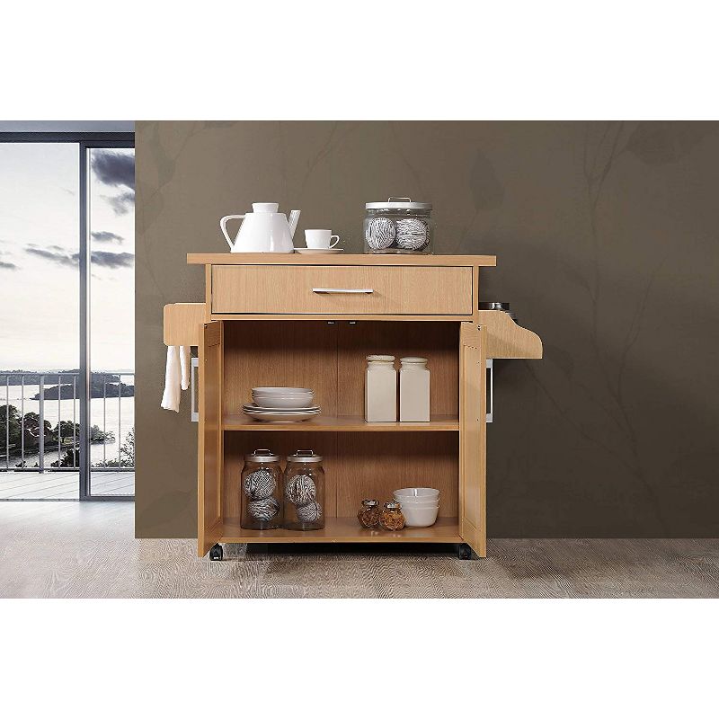 Hodedah Wheeled Kitchen Dining Room Island Cart with Large Spice Rack and Towel Holder, Beech