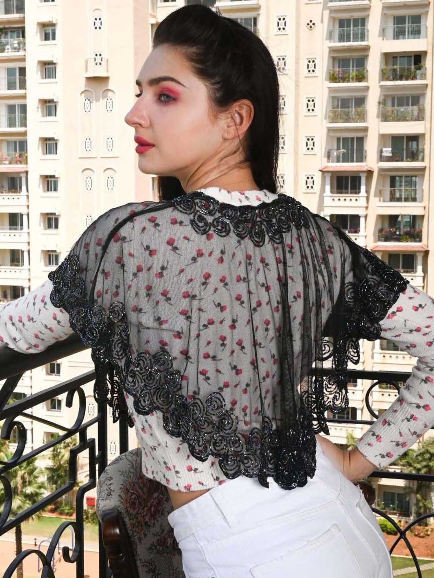 Odette Black Embellished Fancy Short Cape