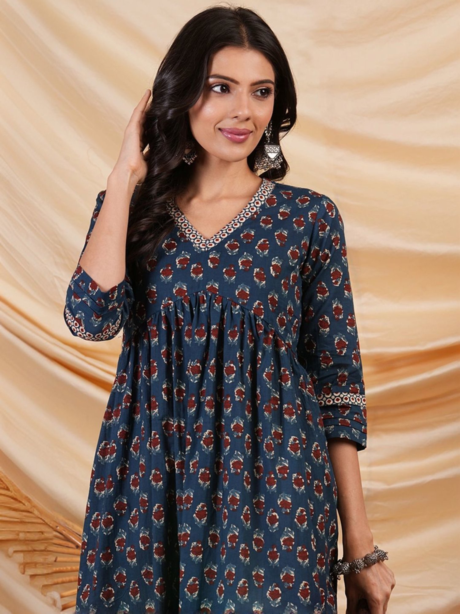 Kami Kubi Blue Cotton Printed A-Line Dress