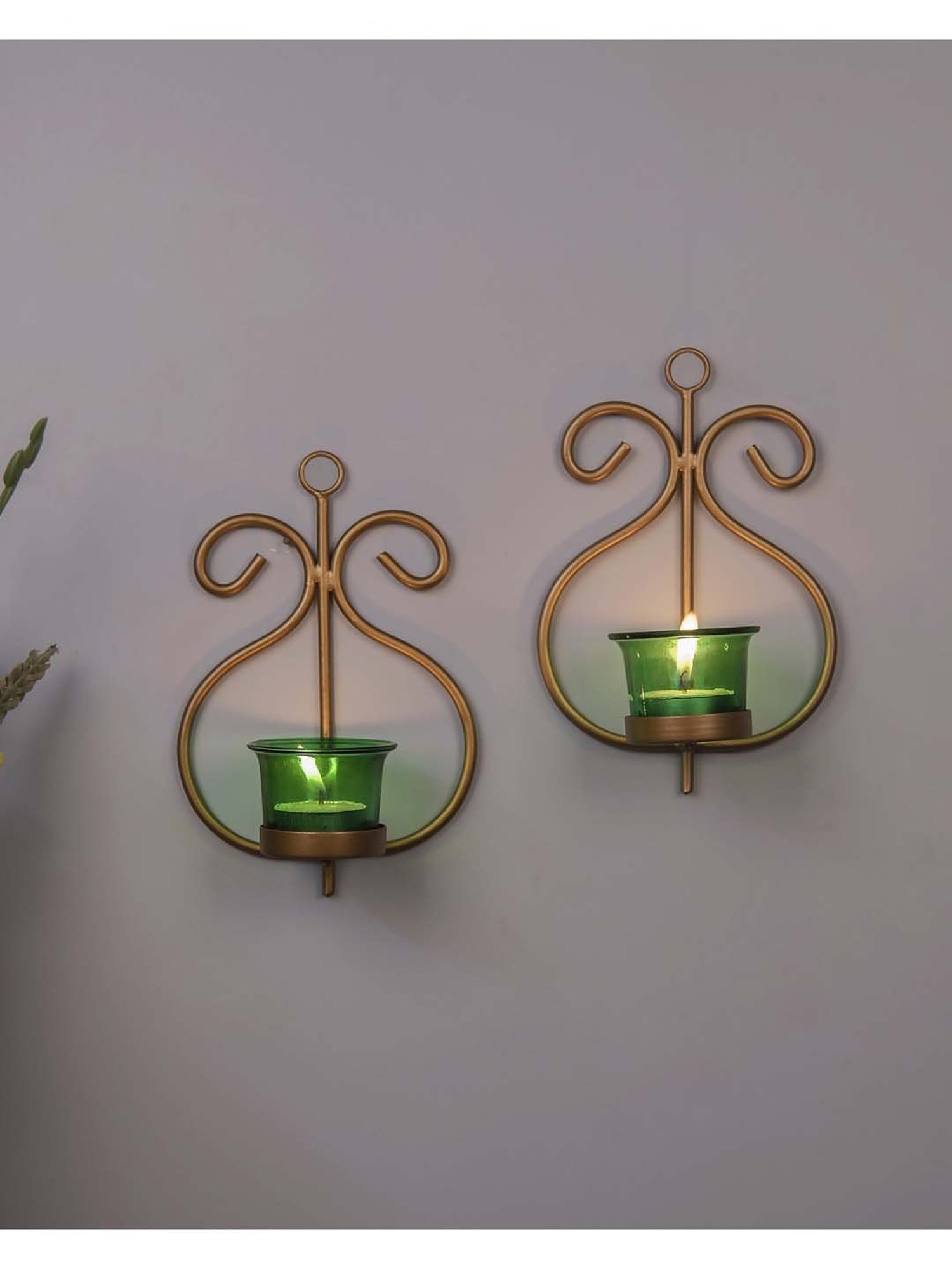 Homesake 'Halloween' Green & Golden Metal Wall Candle Holder With Tea Light Candle - Set of 2