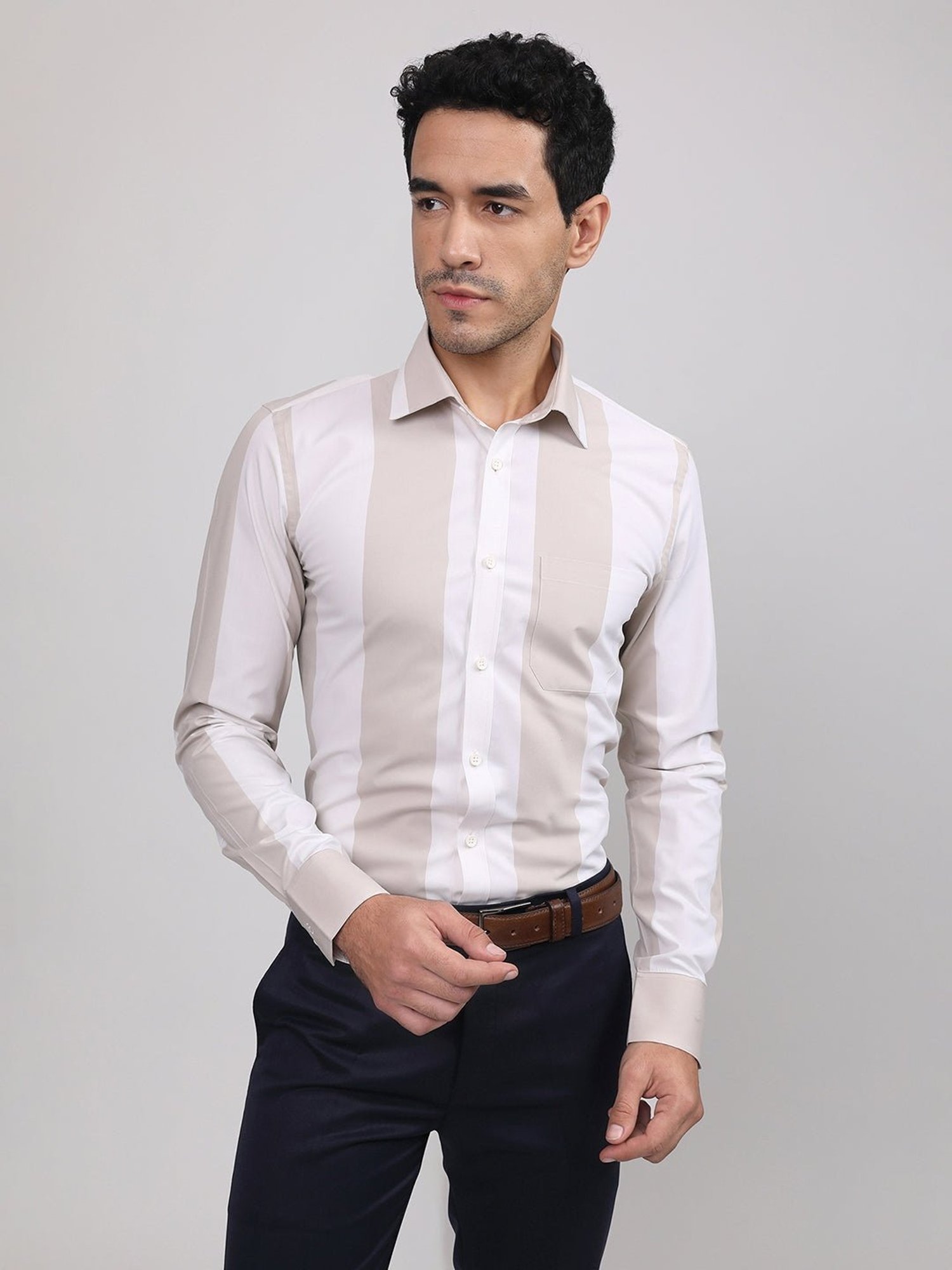 Louis Stitch Brown Cotton Regular Fit Striped Shirt