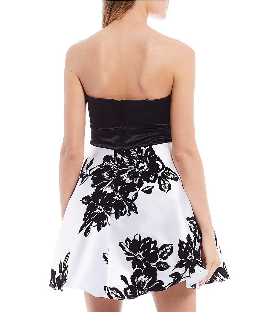 City Vibe Strapless Floral Print Satin Flocked Fit & Flare Dress