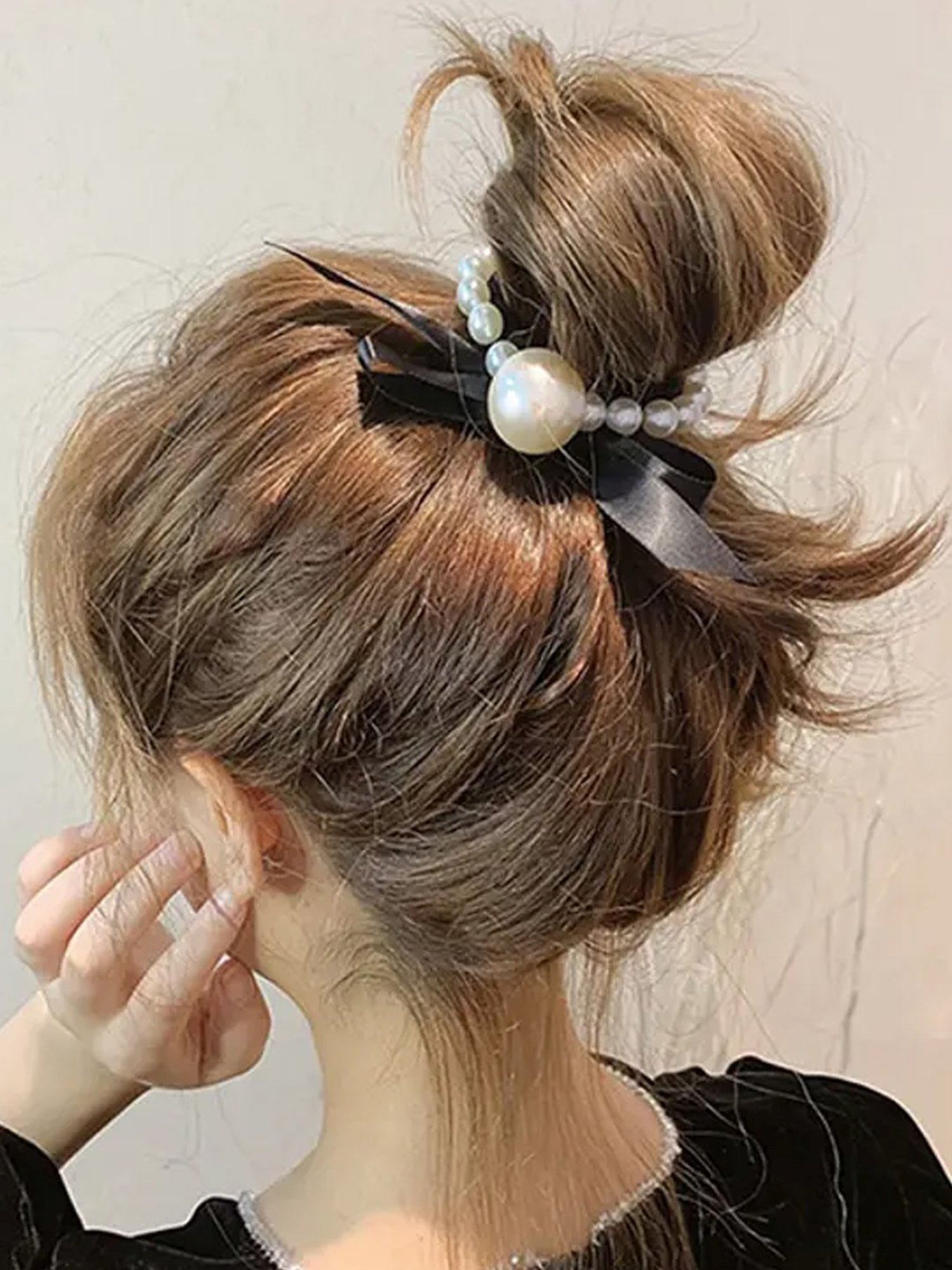 OOMPH Combo of 2 Black Nylon Big Pearl Rubber Band Ponytail Holder Stylish Latest