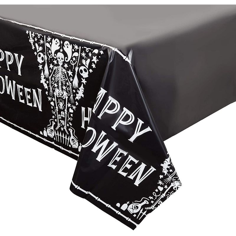 Spooky Central 3 Pack Skeleton Plastic Tablecloth, Black Halloween Table Cover (54 x 108 in)