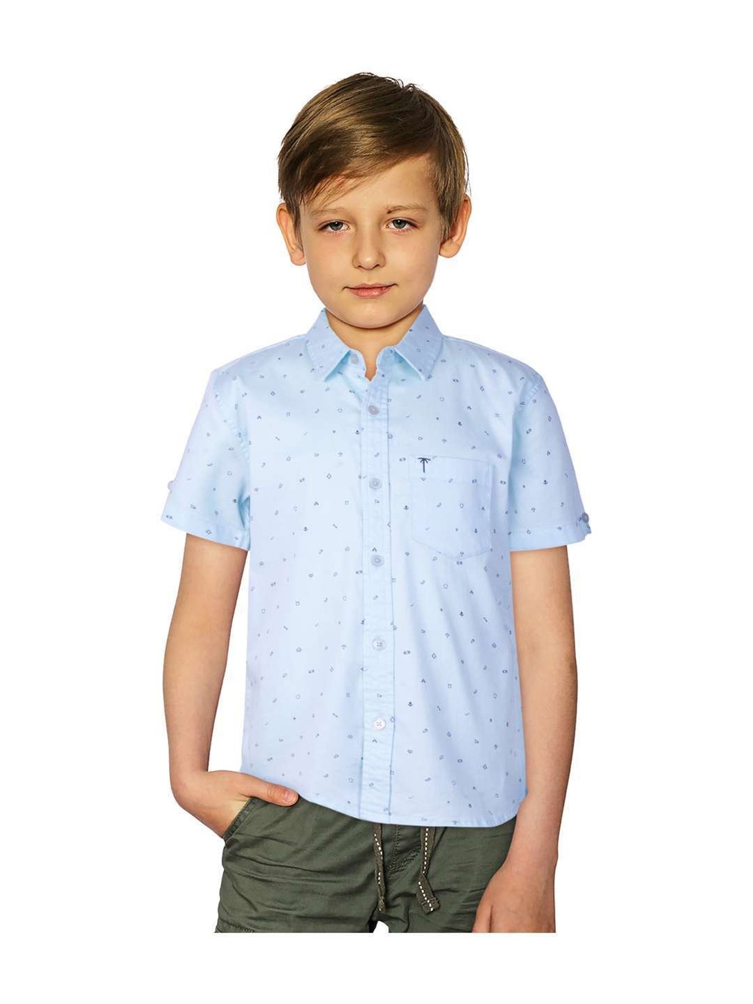 Palm Tree Kids Blue Cotton Printed Shirt
