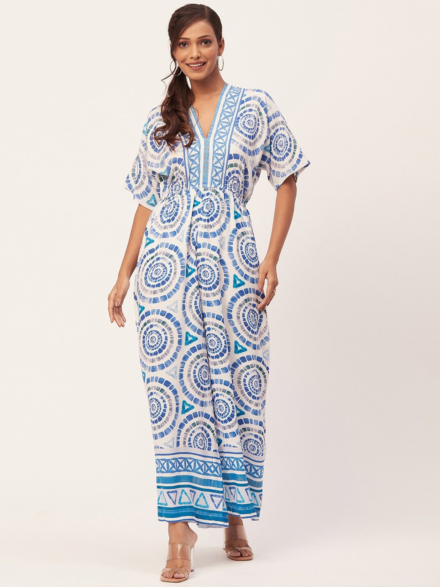 Moomaya Blue & White Printed Jumpsuit