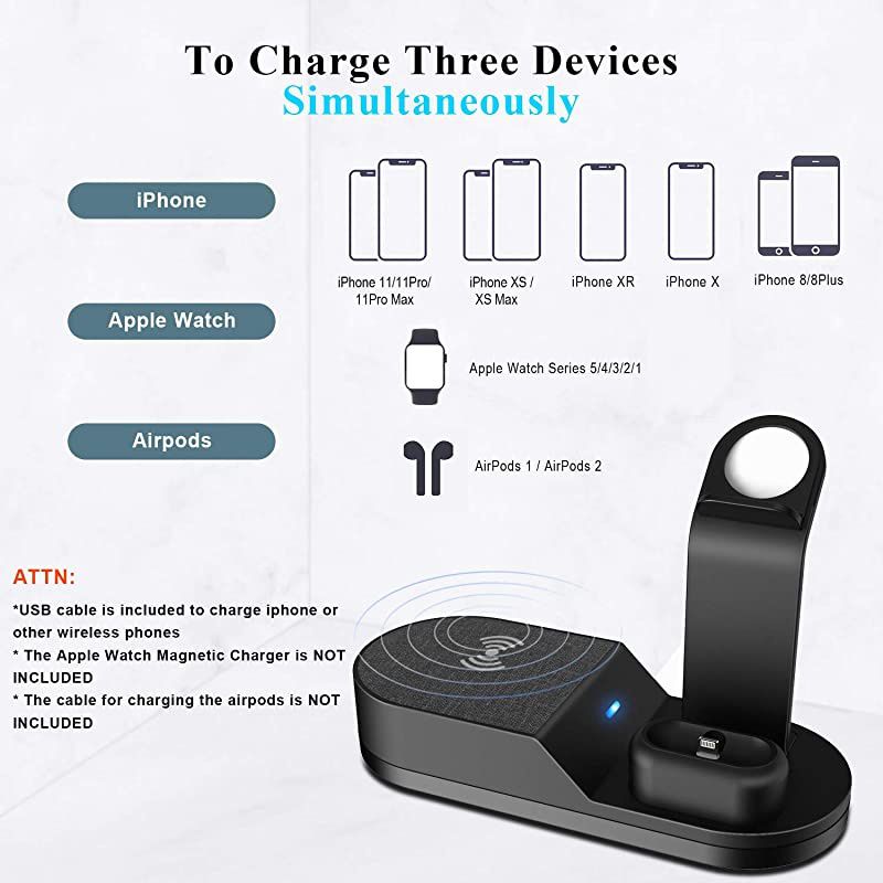 Wireless Charger iWatch Stand Compatible with iWatch Series SE 6 5 4 3 2 1, AirPods Pro Airpods and iPhone Series 12 SE 11 11 pro 11 Pro Max Xs X Max XR X 8 8P(No Adapter) Black