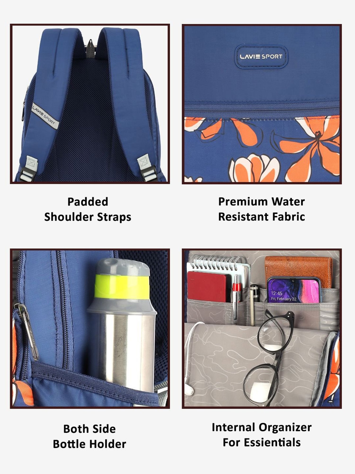 Lavie Sport Bloomy 26L Floral Printed School Backpack for Girls (Navy)