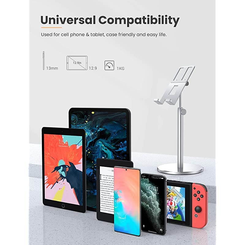 Tablet Stand, Upgraded Stable iPad Stand Holder All Aluminum Alloy, Angle Height Adjustable iPad Holder for Desk Case Friendly for 4.7"-12.9" Phones/iPad/Tablets/Switchs/Kindles/E-Reader-Silver