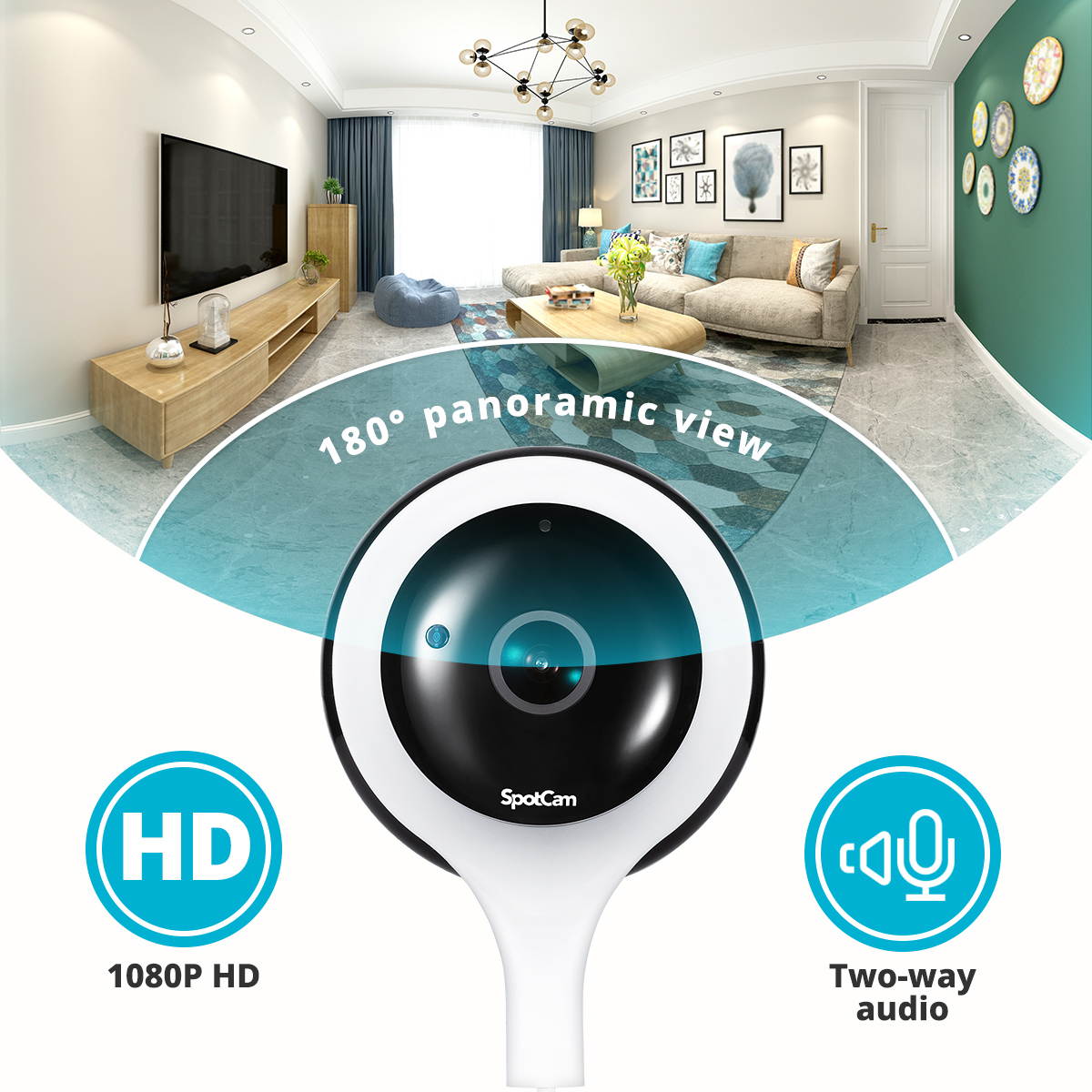 SpotCam Pano Wireless Home Security Camera, 1080P HD, 180-degree Panoramic View, Indoor, Night Vision, Two-Way Talk, Motion & Sound Alert, Alarm Siren, Free Fulltime Continuous Cloud Recording