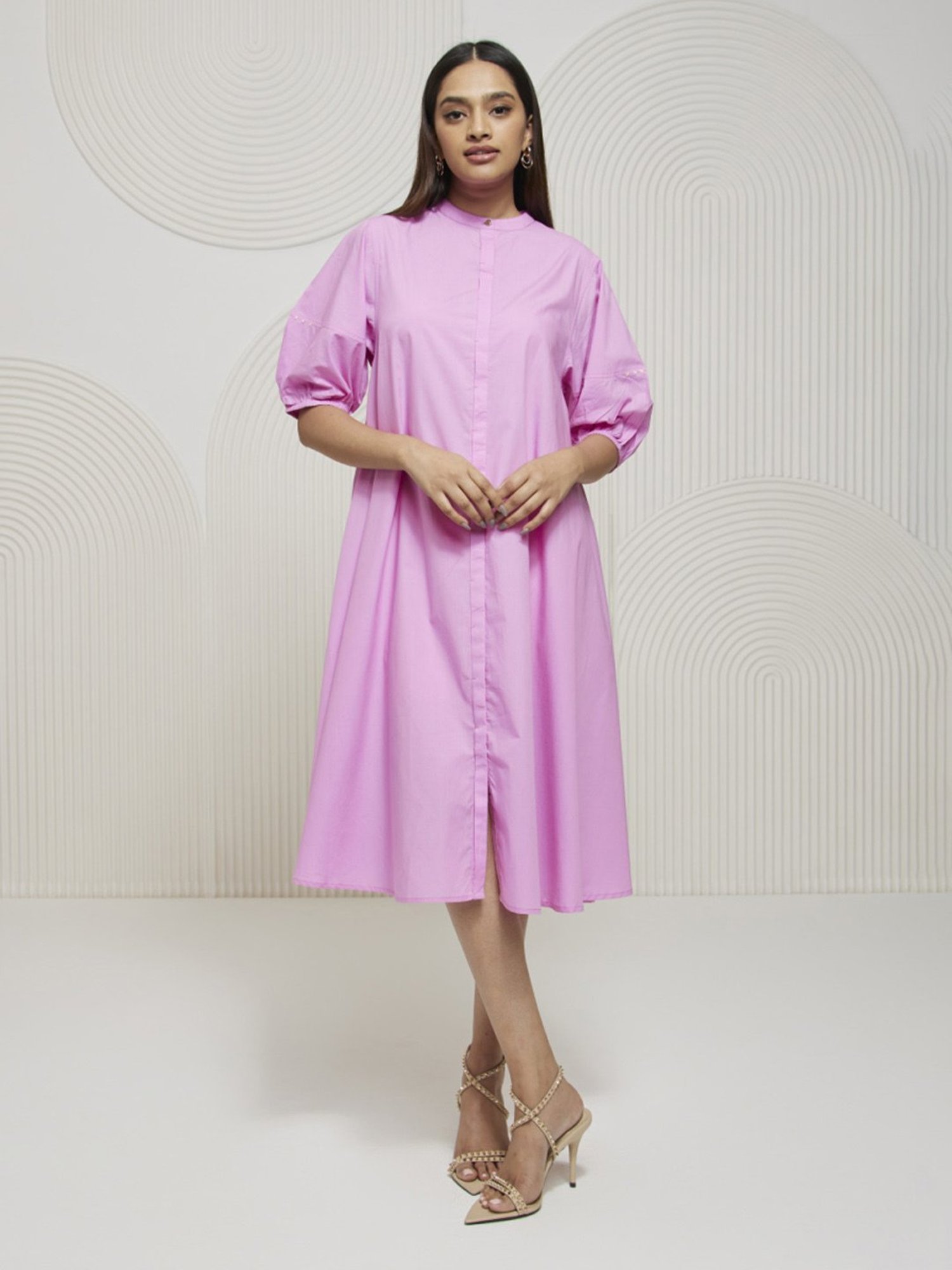Artagai Mauve Rose Flared Calf Length Dress with Balloon Sleeves