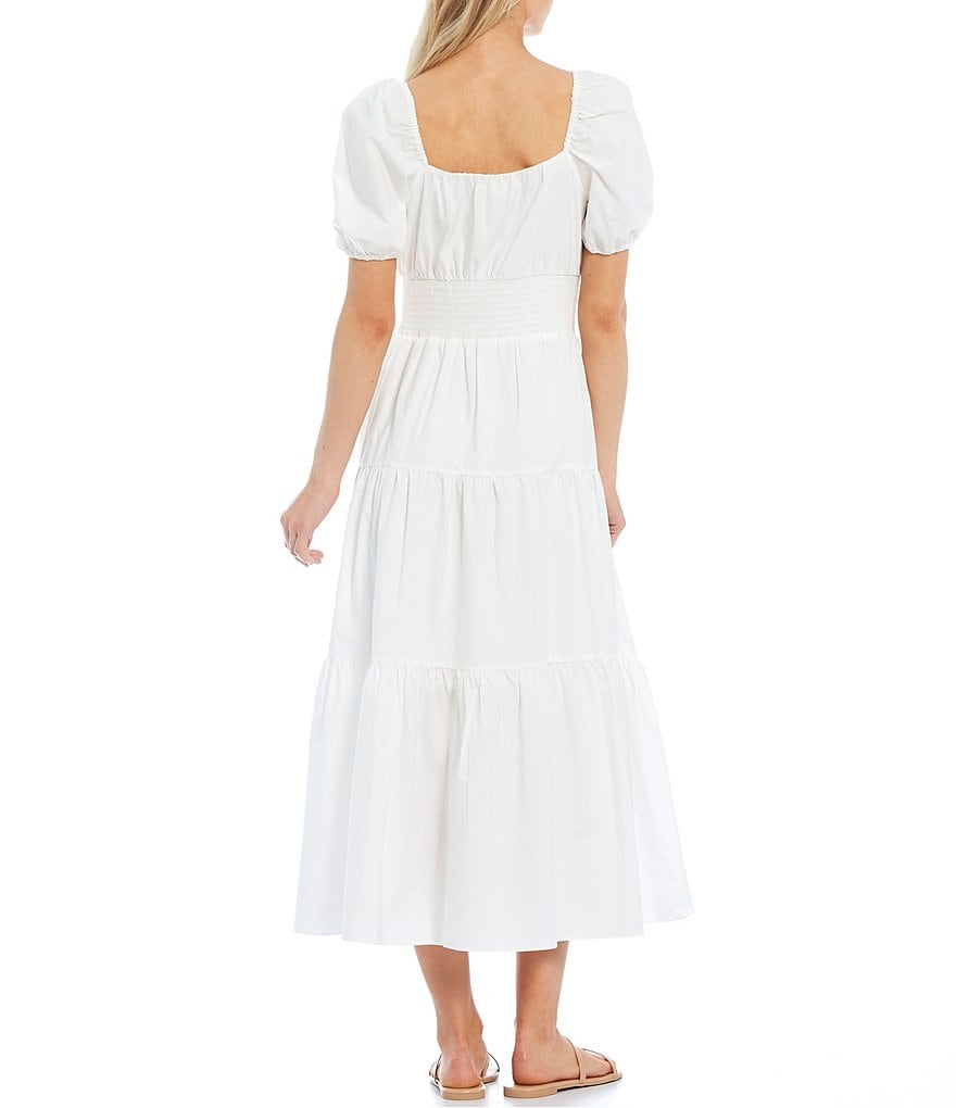 A Loves A Puff Sleeves and Smocked Waist Tiered Poplin Dress
