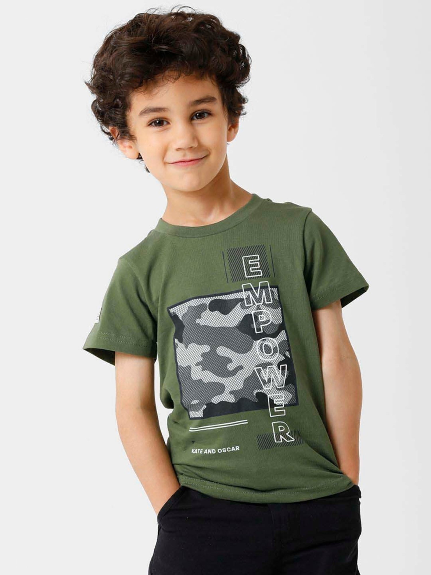 Kate & Oscar Kids Olive Cotton Printed T-Shirt