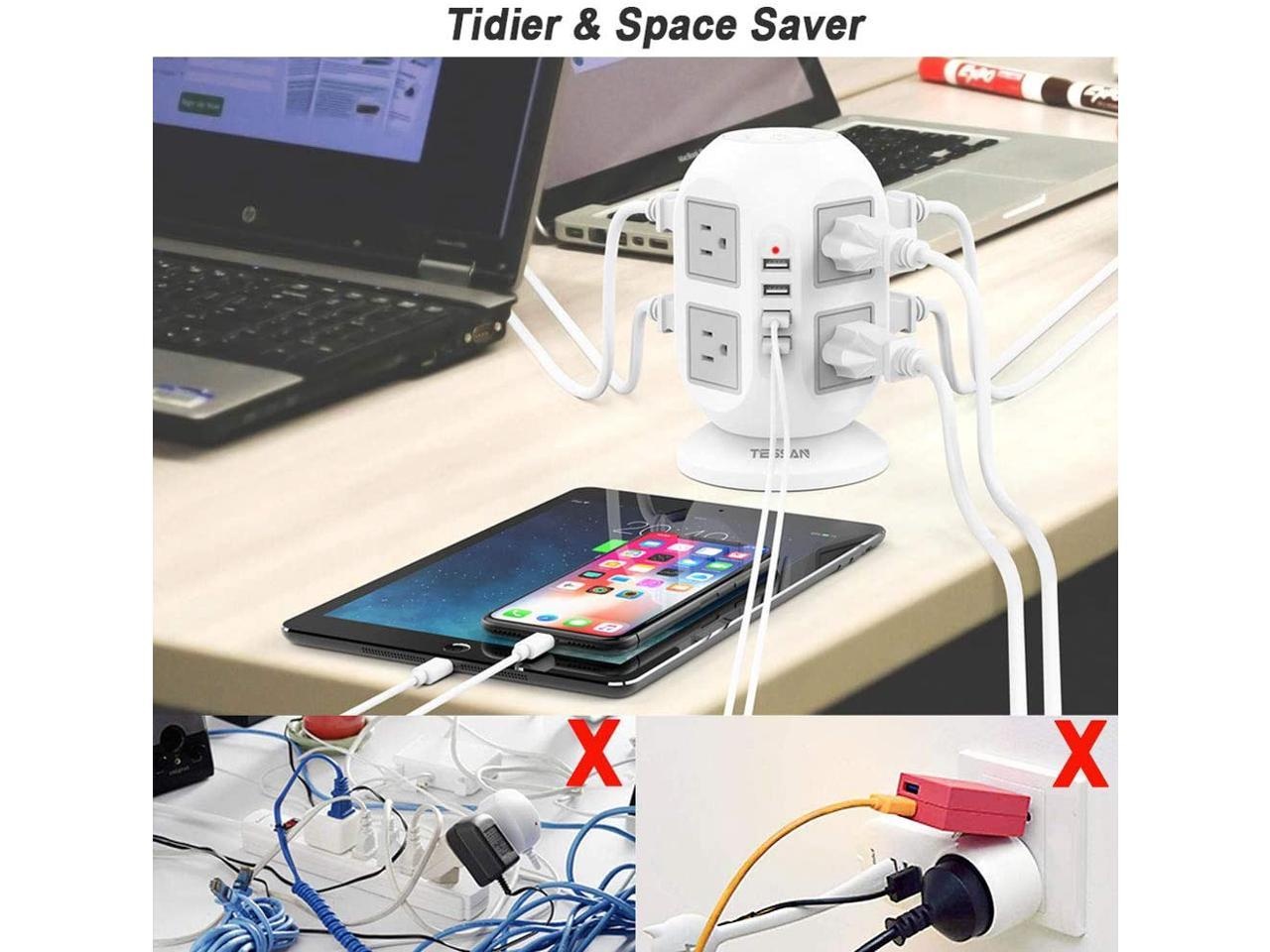 Power Strip Tower TESSAN Surge Protector 8 AC Outlets with 4 USB Ports Charging Station Long Extension Cord 10 Feet, Widely Spaced Multi Outlets, Circuit Breaker Safeguard for Home Office Dorm Room