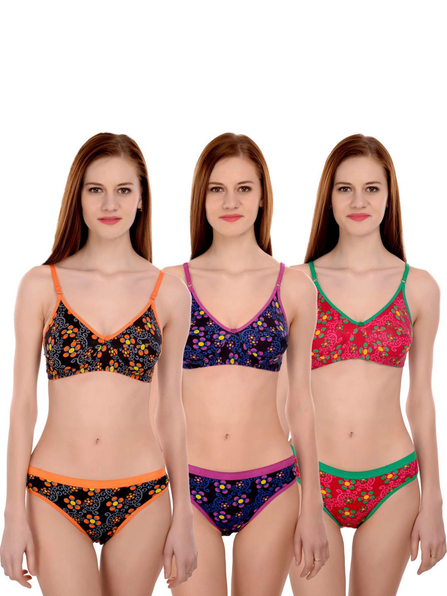 AROUSY Red & Purple Cotton Printed Bra Panty Set - Pack Of 3