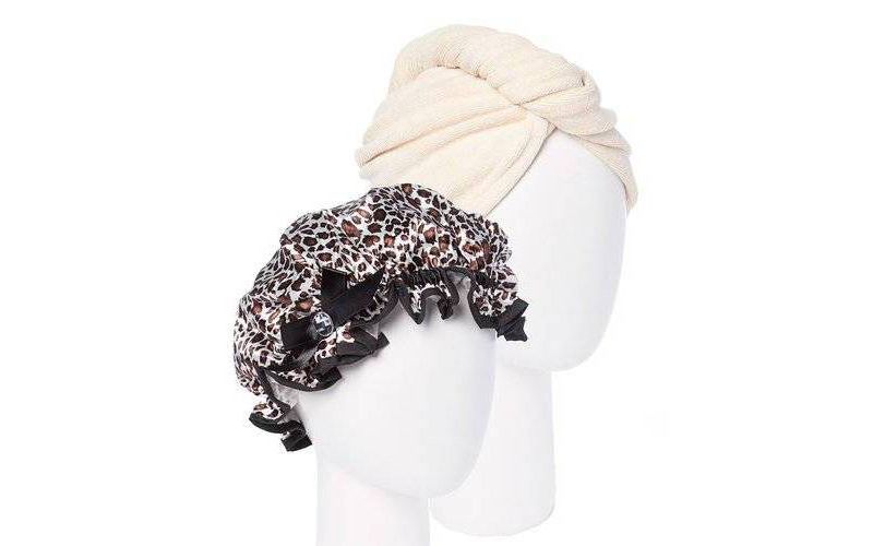 Turbie Twist Cream Microfiber Hair Towel and Leopard Shower cap