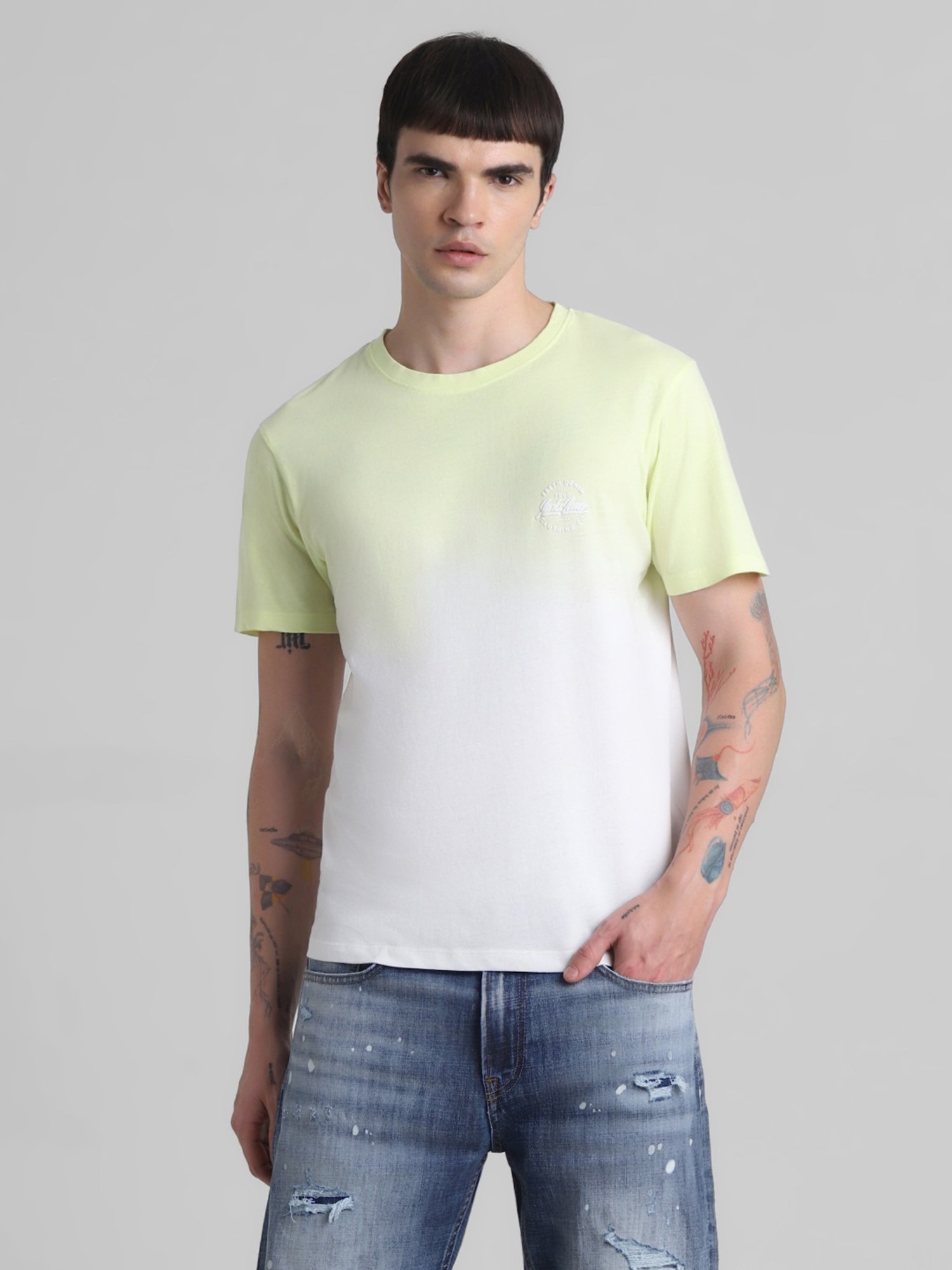 Jack & Jones Sunny Lime Cotton Regular Fit Self Pattern T-Shirt