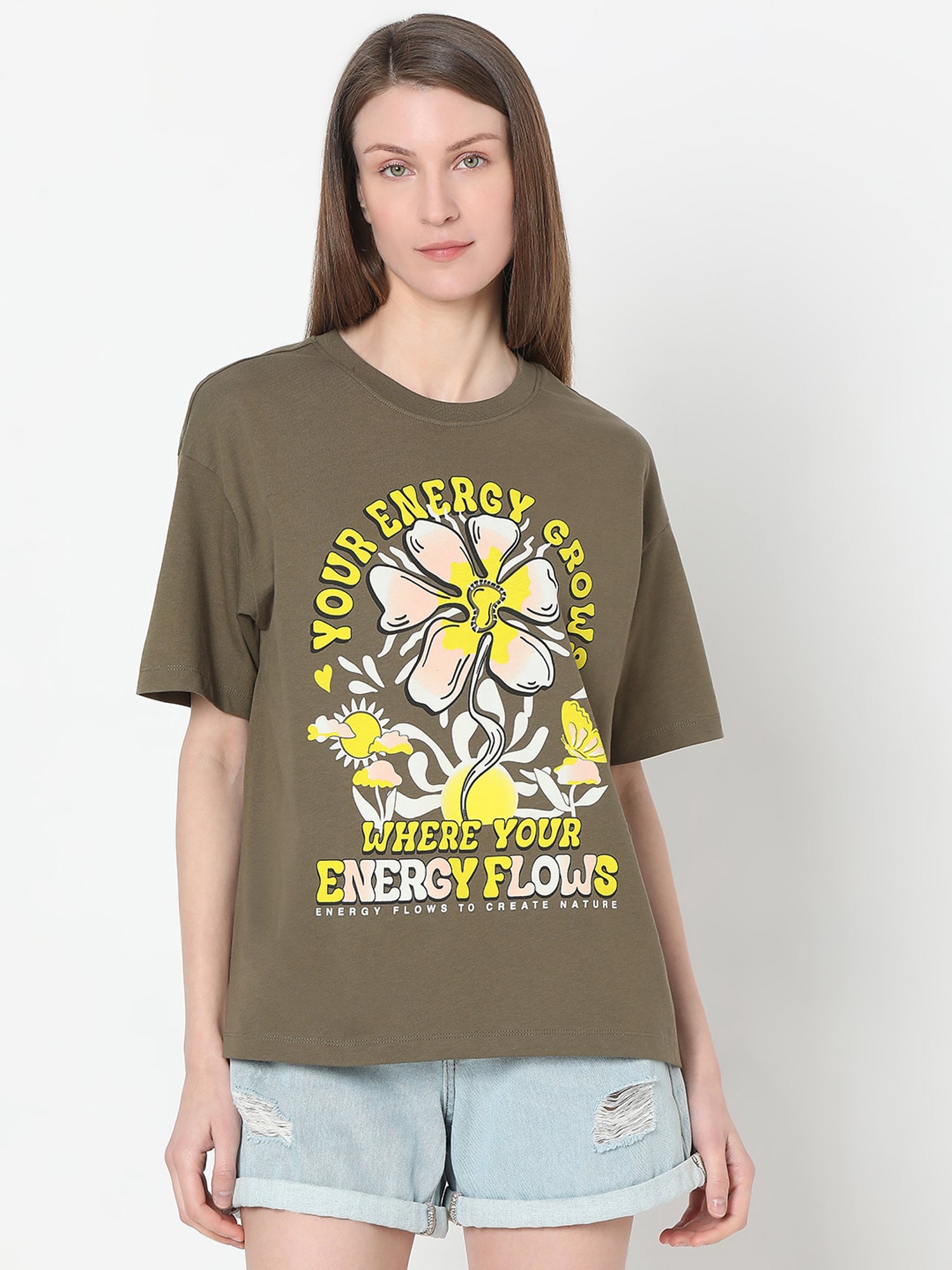 Vero Moda Green Cotton Graphic Print T-Shirt
