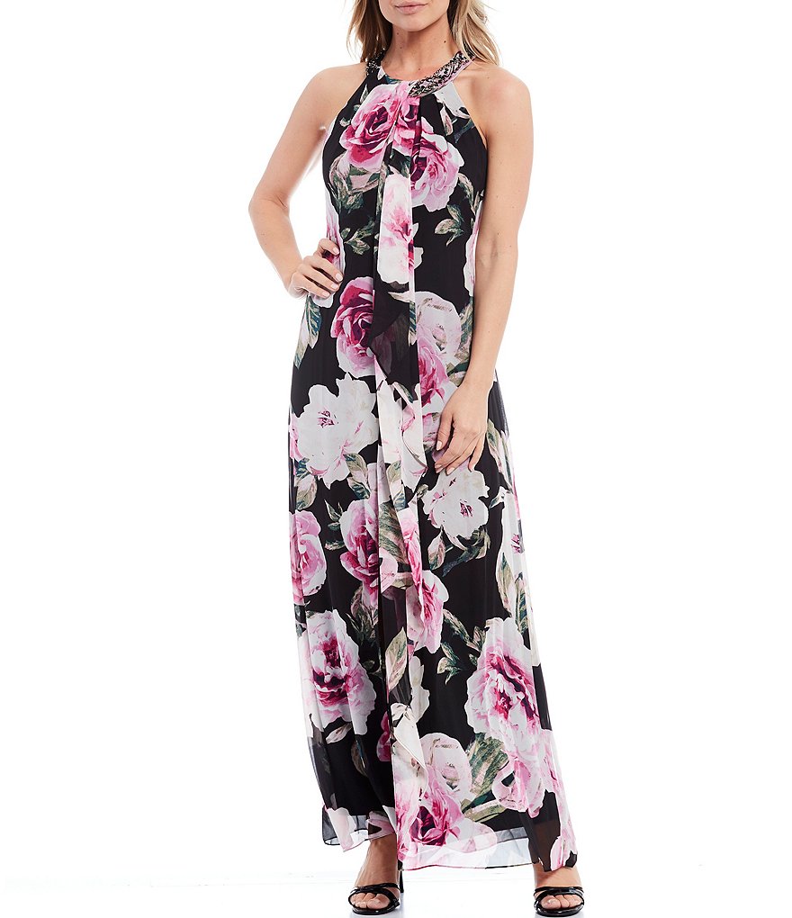 Ignite Evenings Floral Print Sleeveless Halter Neck Maxi Dress