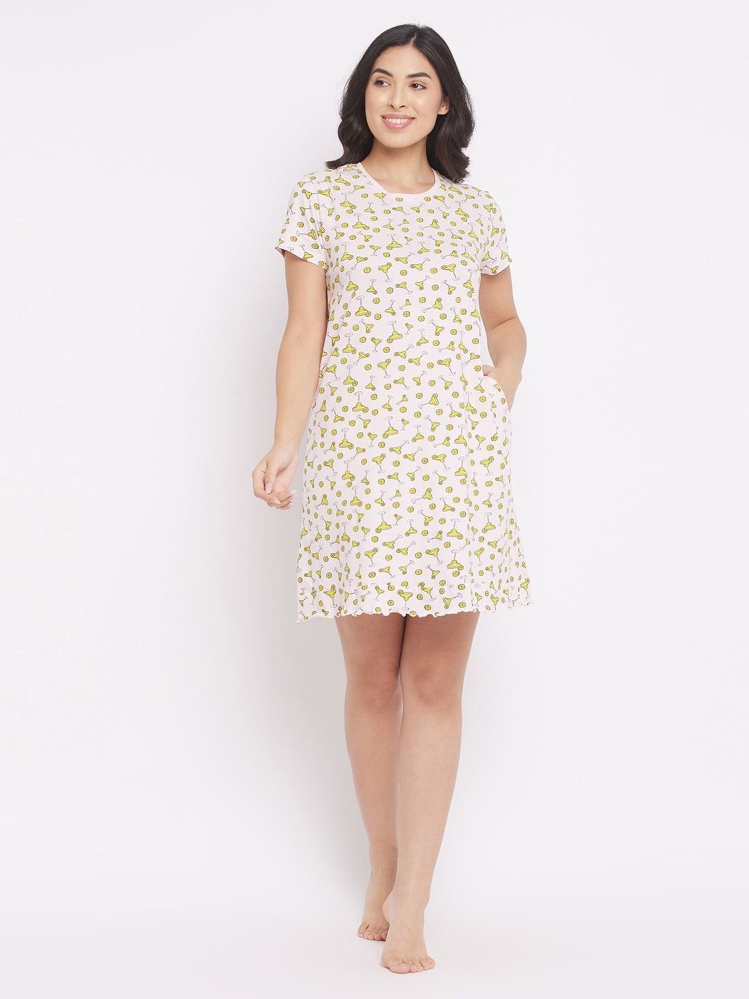 Clovia Light Pink Cotton Graphic Print Night Dress