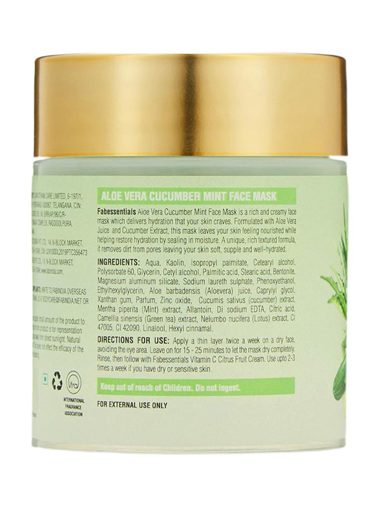 Fabessentials Aloe Vera, Cucumber & Mint Face Mask - 100 gm