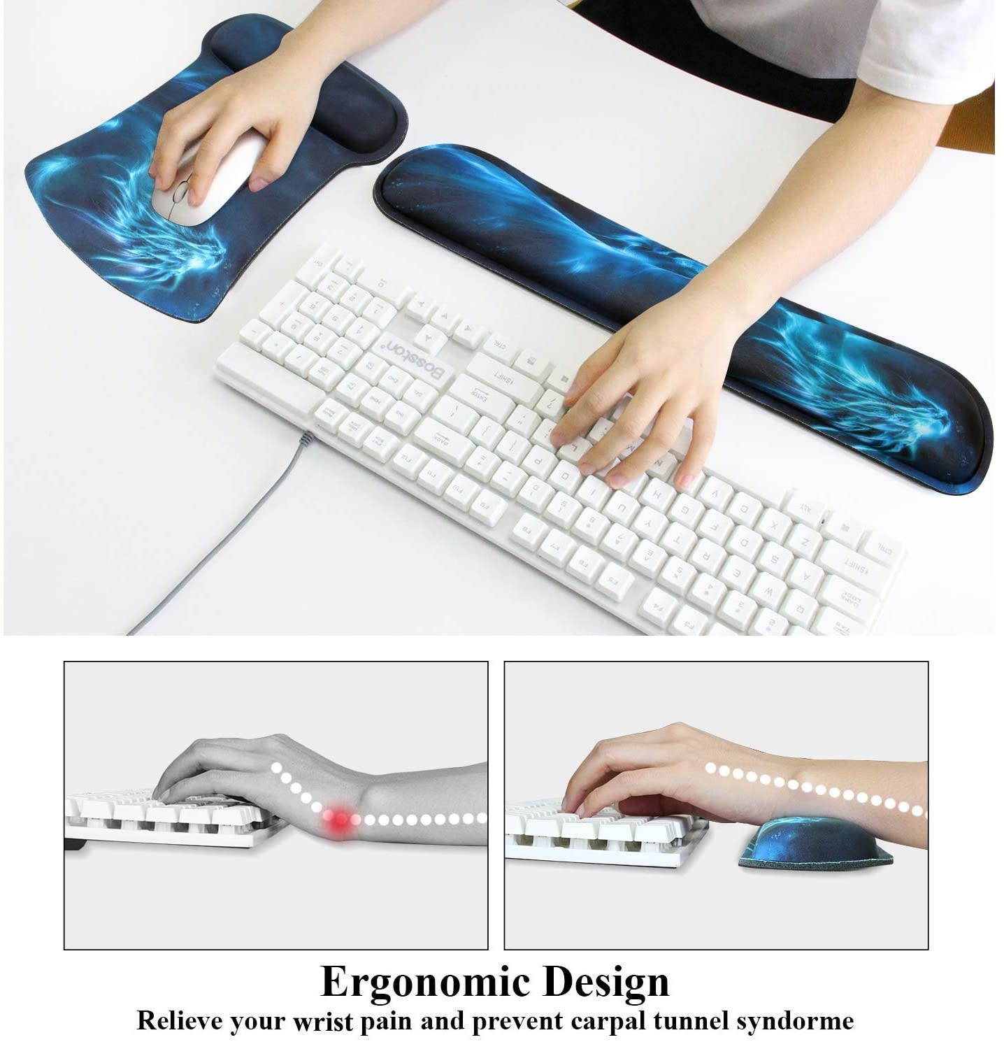 Meffort Inc Mouse Pad Wrist Support & Gaming Keyboard Wrist Pad Combo Set &ndash; Durable Ergonomic Anti Slip Non-Slip Square Base Rest Support - Blue Dragon Design