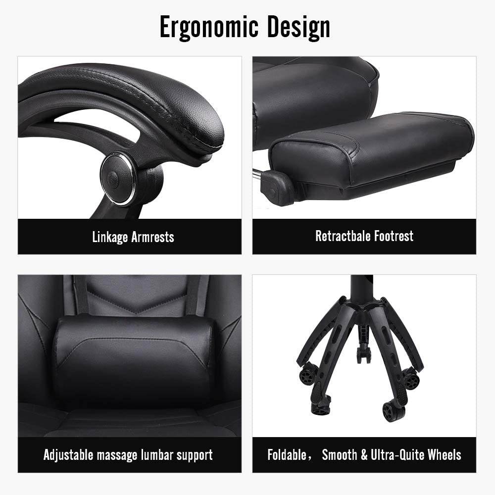 Ergonomic Computer Gaming Chair, PU Leather High Back Office Racing Chairs with Widen Thicken Seat and Retractable Footrest and Lumbar Support Video Game Chair 170 Degree Reclining
