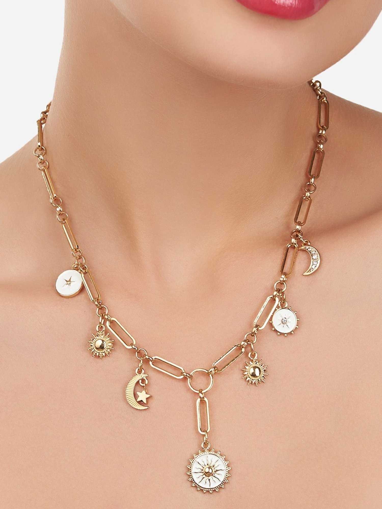 Zaveri Pearls White Enamel Contemporary Charm Necklace & Earring Set