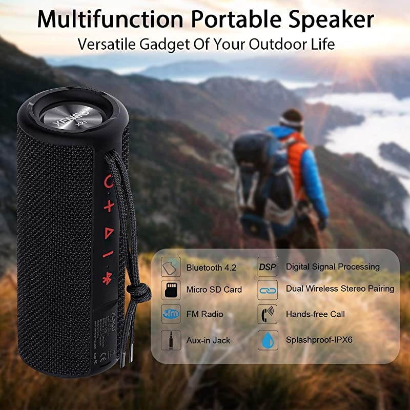 X21 Portable Outdoor Wireless Bluetooth Speaker Waterproof with FM Radio Micro SD Card Slot AUX TWS for Shower Hard Travel Case Included