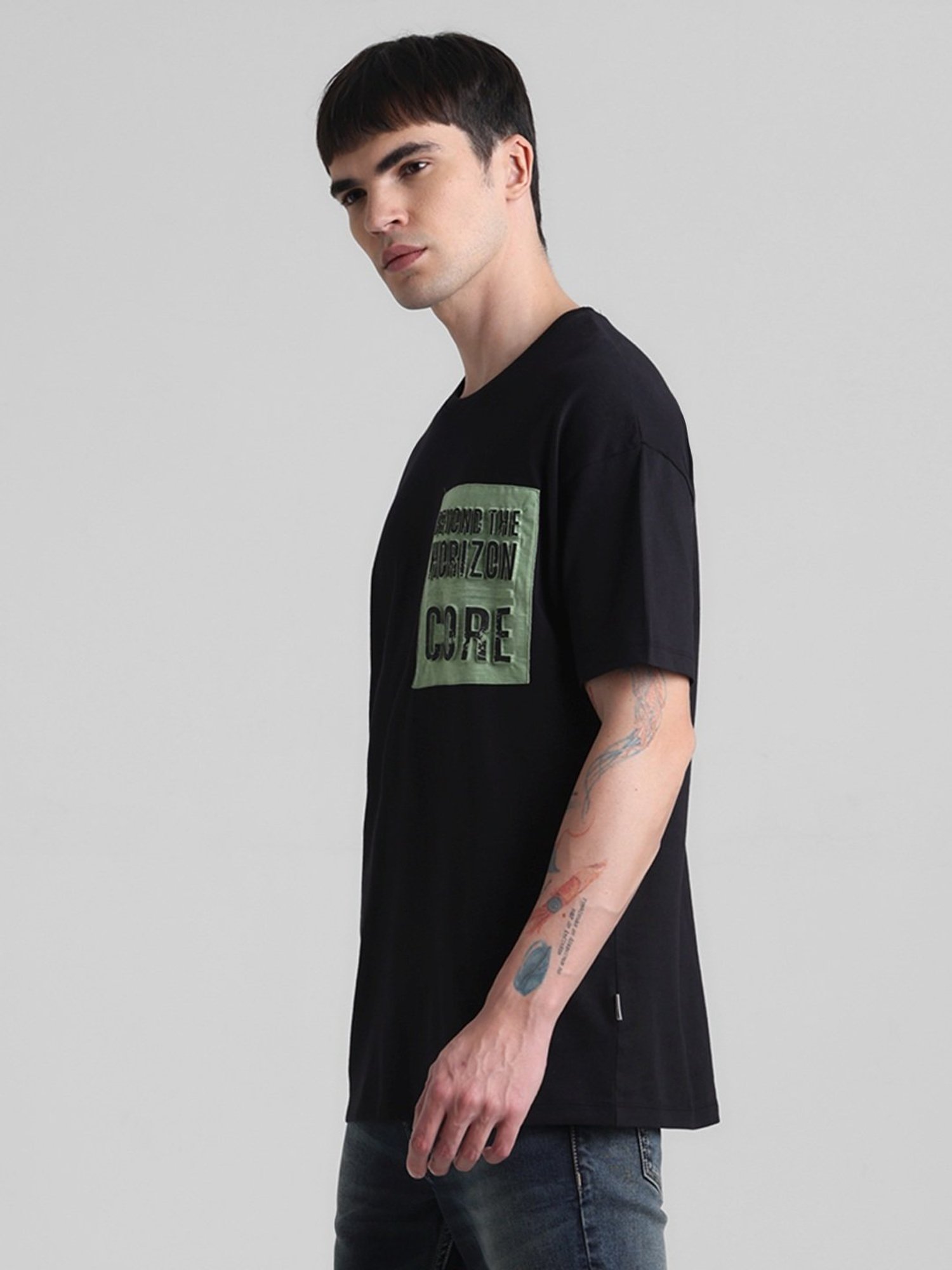 Jack & Jones Jet Black Cotton Boxy Fit Printed T-Shirt