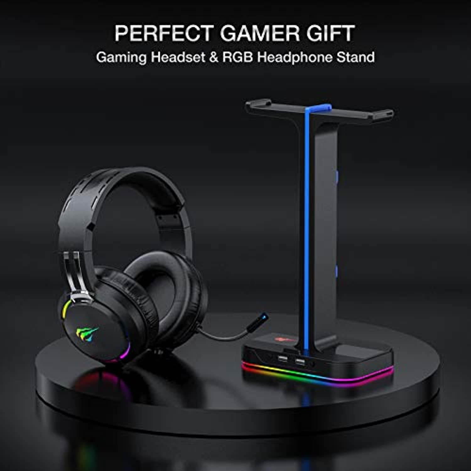 Havit Gaming Headphone Stand  and  Wired Gaming Headset Desk Dual Headset Hanger Base with Phone Holder  and  2 USB Port for Dual Gaming Headphones Desktop PC Game Earphone Accessories (TH650A)