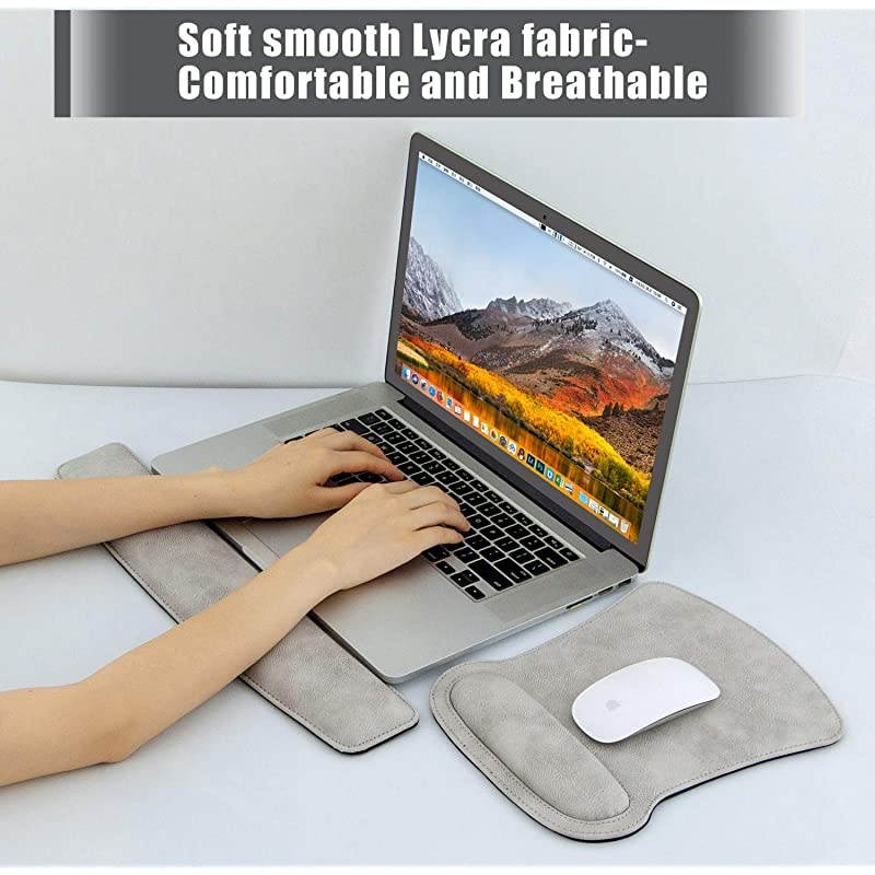 Ergonomic PU Leather Keyboard Wrist Rest Pad and Mouse Wrist Rest Support Mouse Pad Set,Durable & Comfortable & Lightweight for Easy Typing & Pain Relief (Gray White)