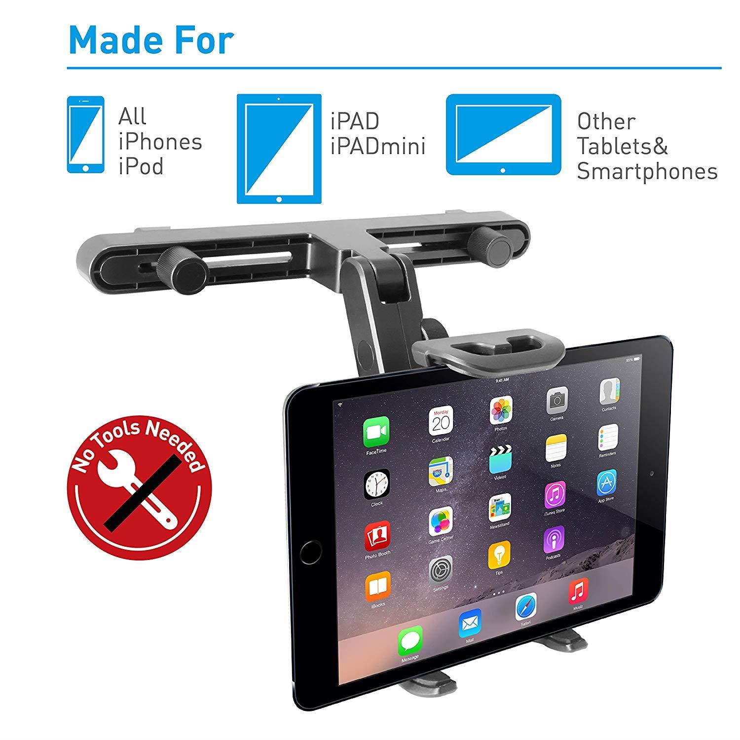 Macally Adjustable Car Seat Headrest Mount and Holder for Apple iPad Air / Mini, Samsung Galaxy Tab, Kindle Fire, Nintendo Switch, and 7" to 10" Tablets (HRMOUNT)