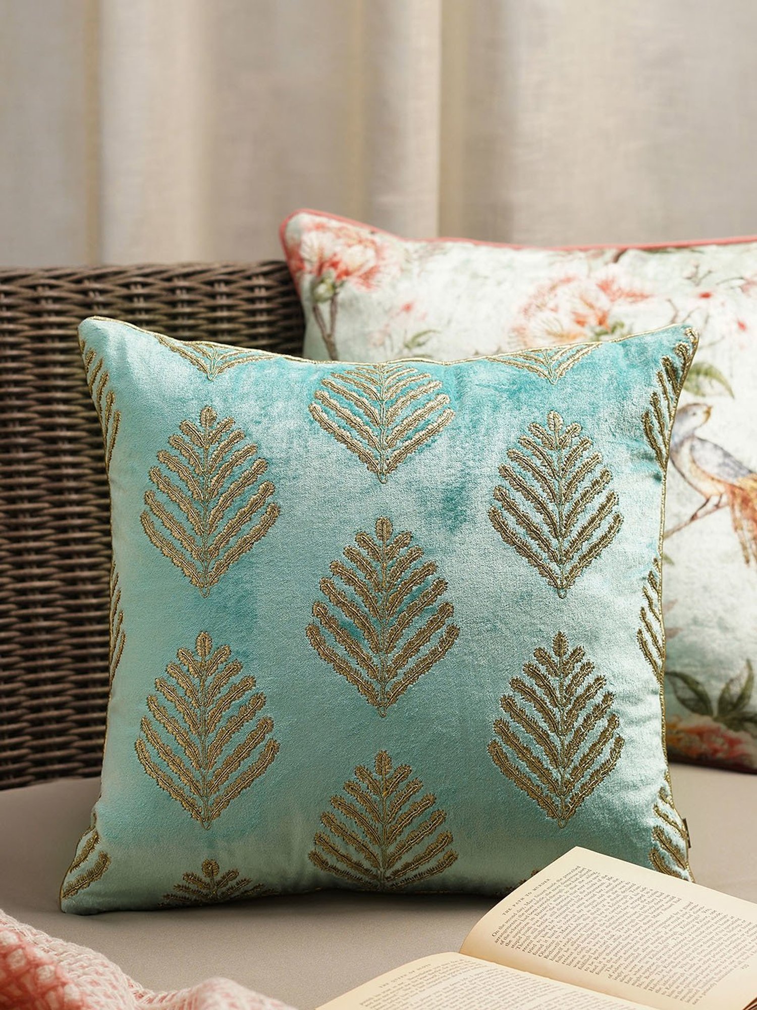 Pure Home and Living Blue Cotton Embroidery Cushion Cover