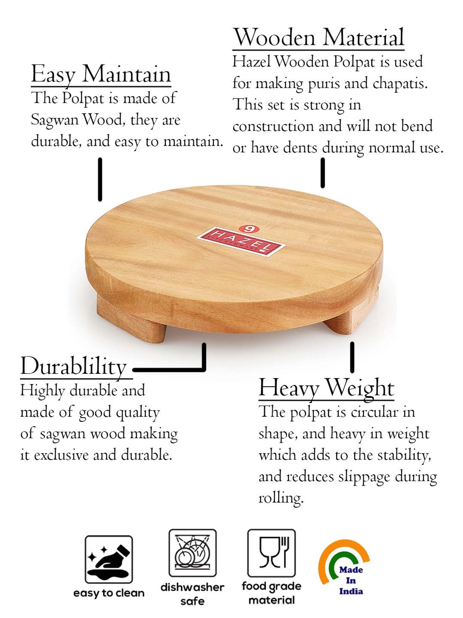 HAZEL Yellow Sagwan 22.5 cm Rolling Board - Set of 1