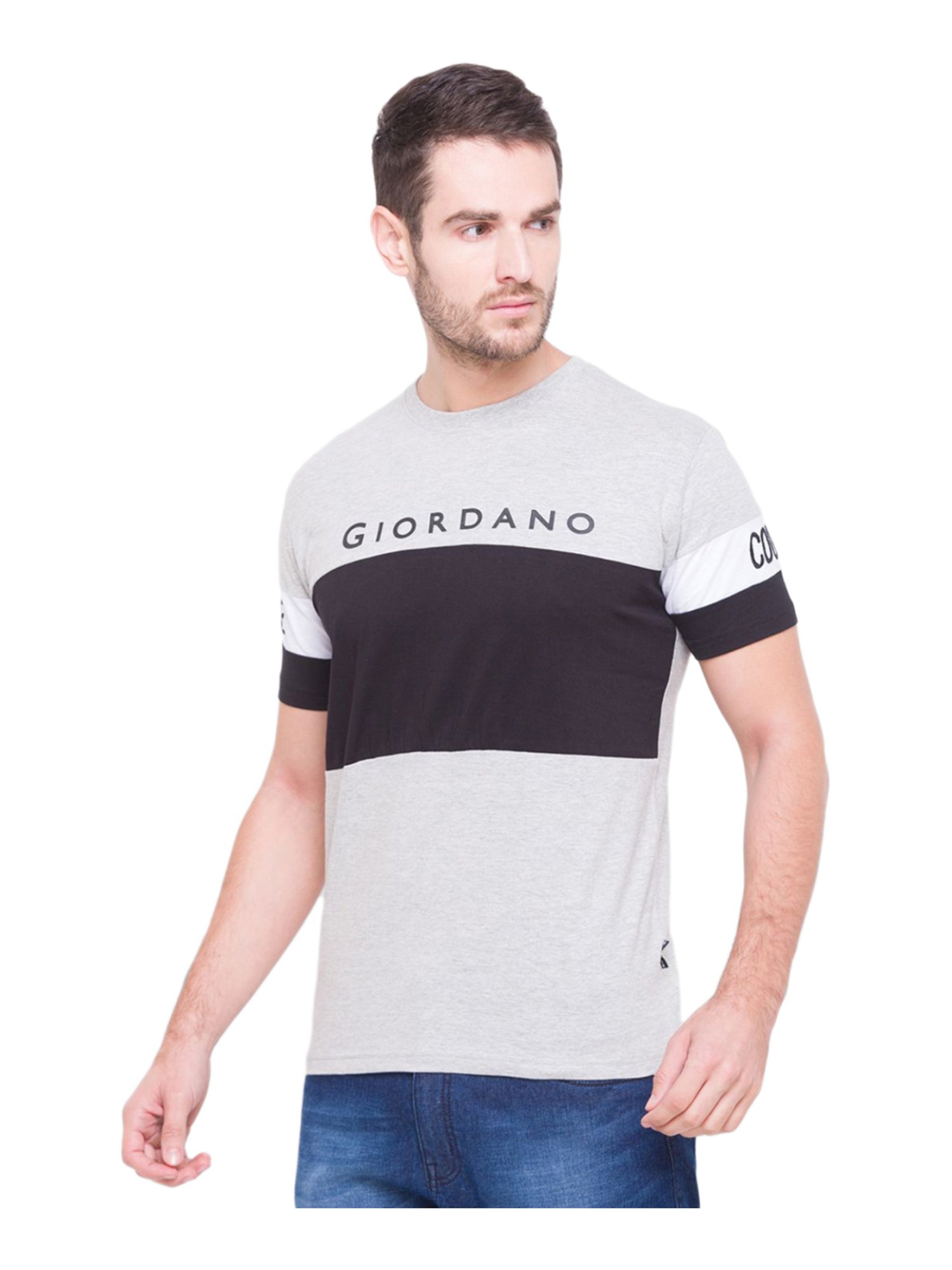 Giordano Grey & Black Cotton Slim Fit Colour Block T-Shirt